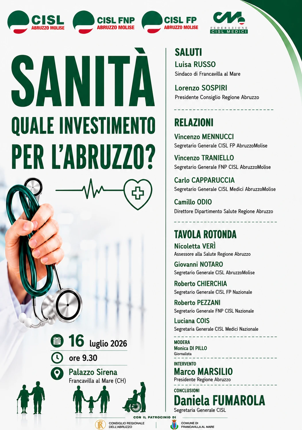Sanità: quale investimento per l'Abruzzo? Il 16 luglio a Francavilla al Mare il confronto promosso da CISL, CISL FP, FNP CISL e CISL Medici